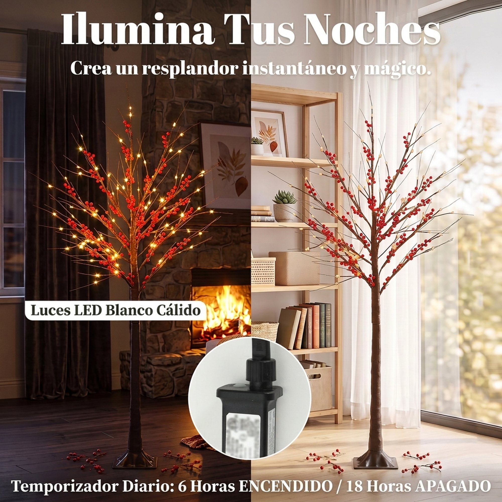 Árbol de Abedul Artificial 150 cm, Lámpara de Árbol con 96 Luces LED Blanco Cálido, Bayas Rojas, Temporizador y 12 Ramas Flexibles, Decoración Navideña para Interior y Exterior Cubierto, Marrón
