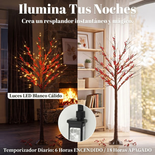 Árbol de Abedul Artificial 150 cm, Lámpara de Árbol con 96 Luces LED Blanco Cálido, Bayas Rojas, Temporizador y 12 Ramas Flexibles, Decoración Navideña para Interior y Exterior Cubierto, Marrón