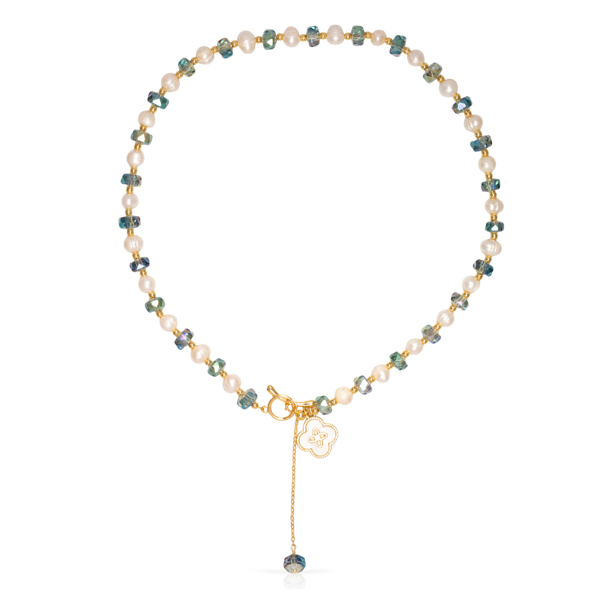 Set de pulsera y collar a juego con colgante de trébol de cuatro hojas, cuentas de cristal azul y perlas naturales.