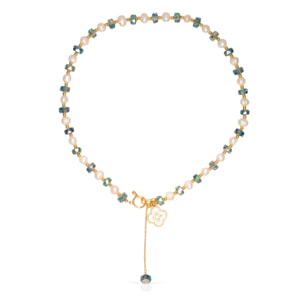 Set de pulsera y collar a juego con colgante de trébol de cuatro hojas, cuentas de cristal azul y perlas naturales.