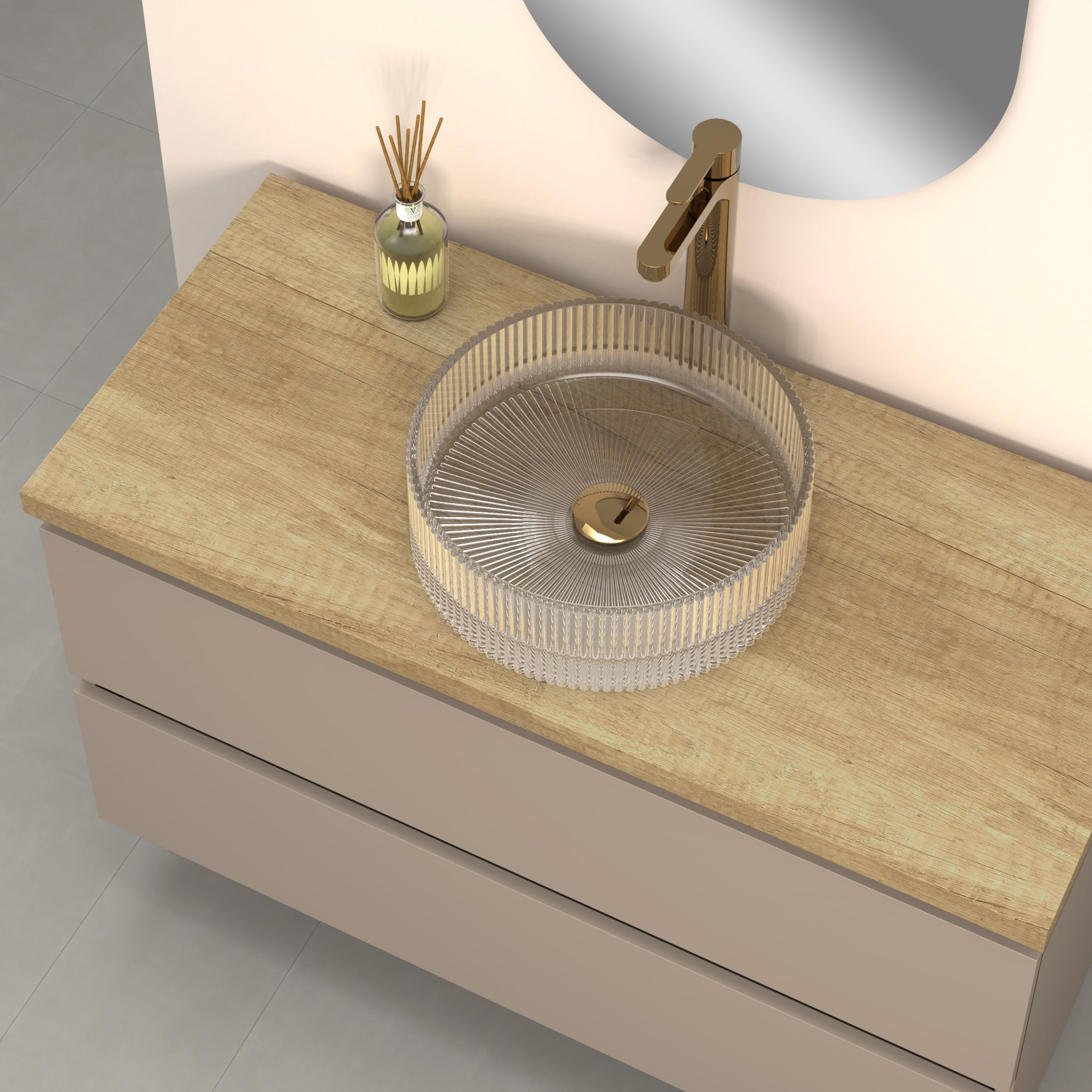Conjunto de Baño Kub | 100 cm Visón | Dos Cajones | Lavabo de Cristal | No incluye Espejo | Mueble Montado | Alday