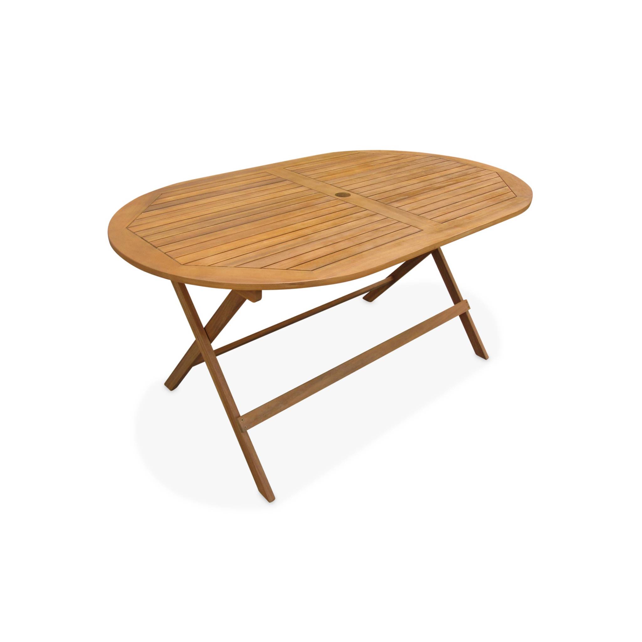 Table de jardin pliable 150cm en bois d'acacia déjà huilé. forme ovale avec 6 chaises pliables