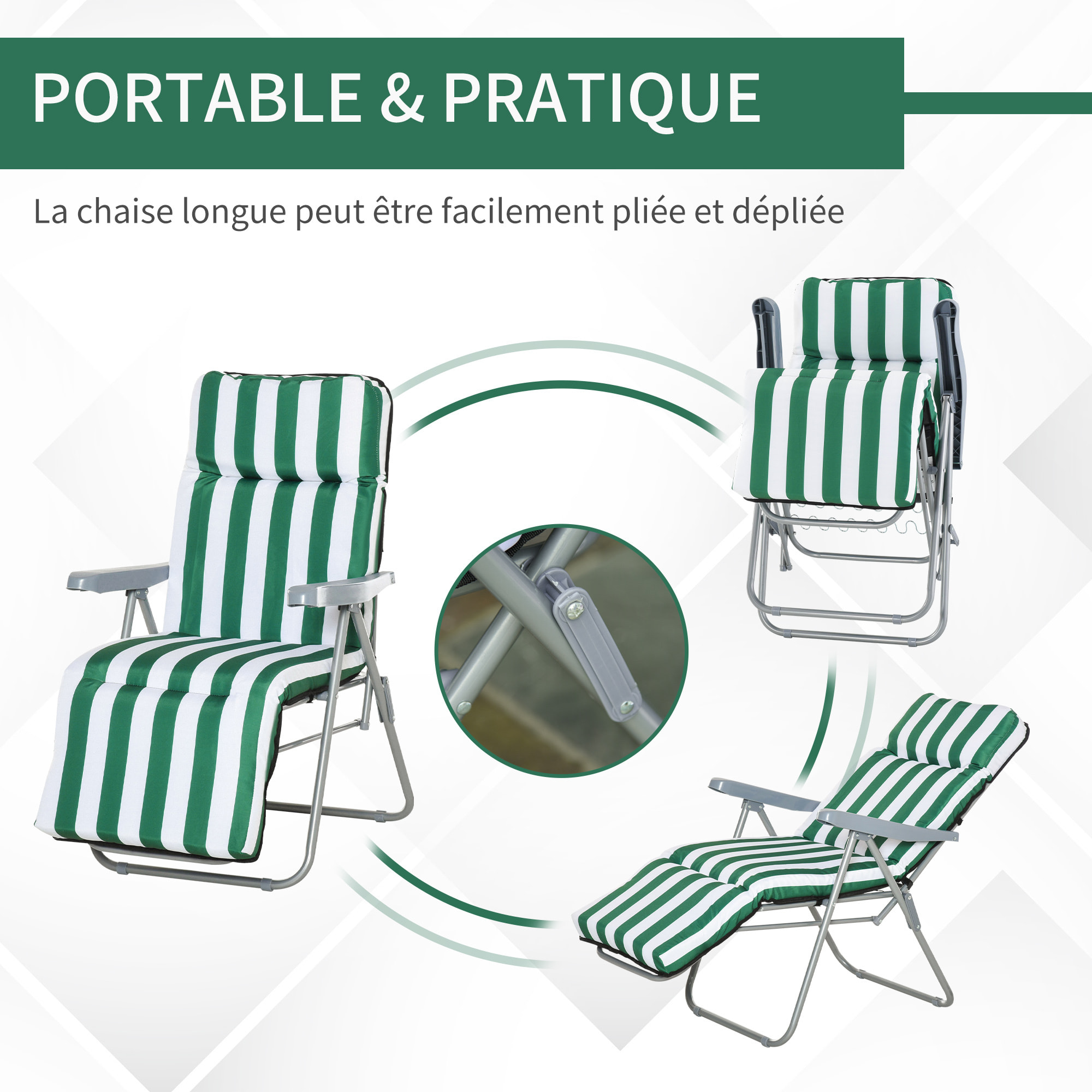 Lot de 2 chaise longue bain de soleil adjustable pliable transat lit de jardin en acier vert + blanc