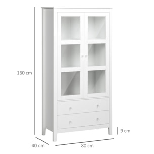 Vitrina de Salón Aparador de Cocina con 2 Puertas de Vidrio Templado 3 Estantes 2 Cajones y Bisagras de Cierre Suave para Comedor Oficina 80x40x160 cm Blanco