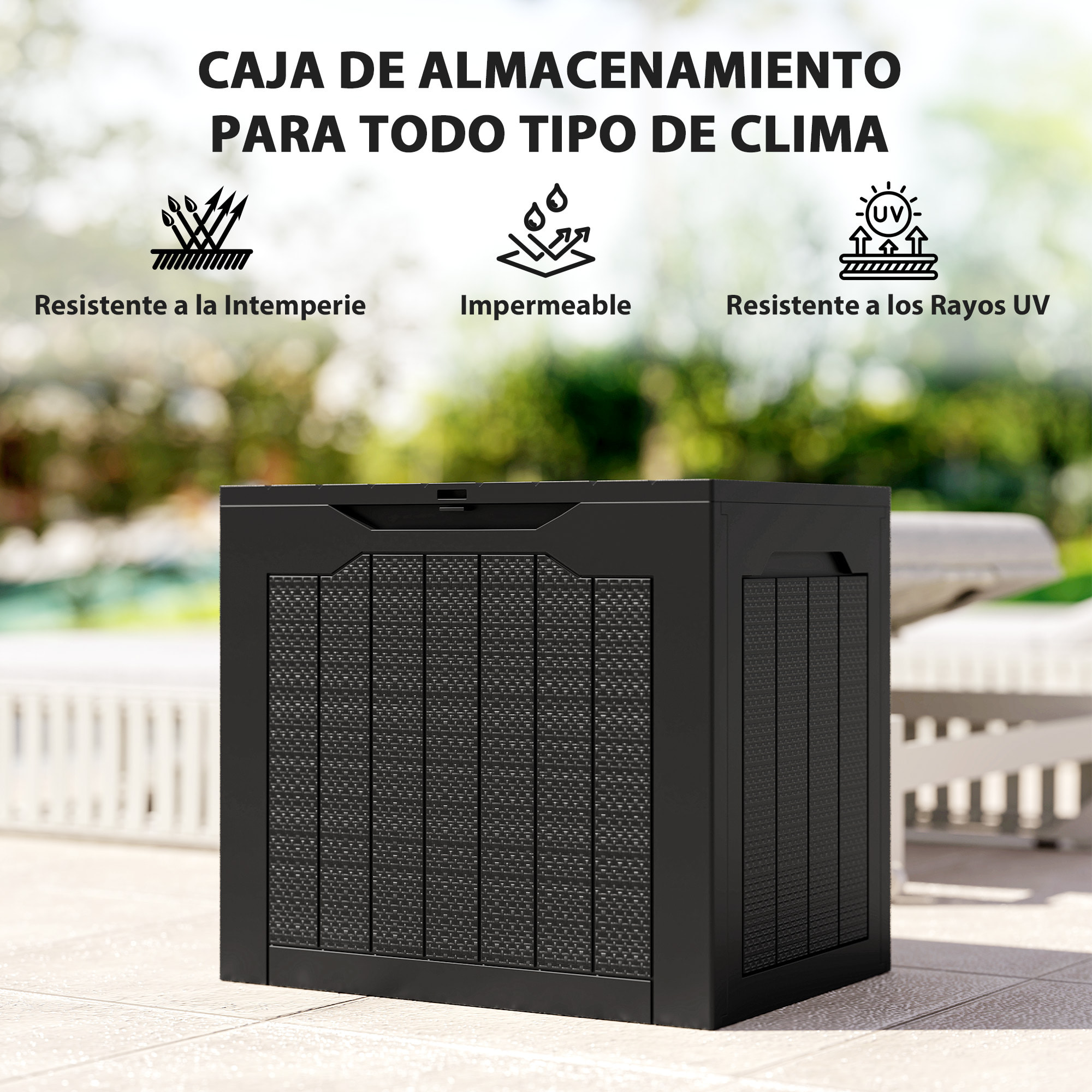 Baúl de Almacenaje Exterior 93L Arcón de Jardín Exterior Pequeño de Plástico Impermeable con 2 Asas Integradas y Soporte para Candado 56x41x50 cm Negro