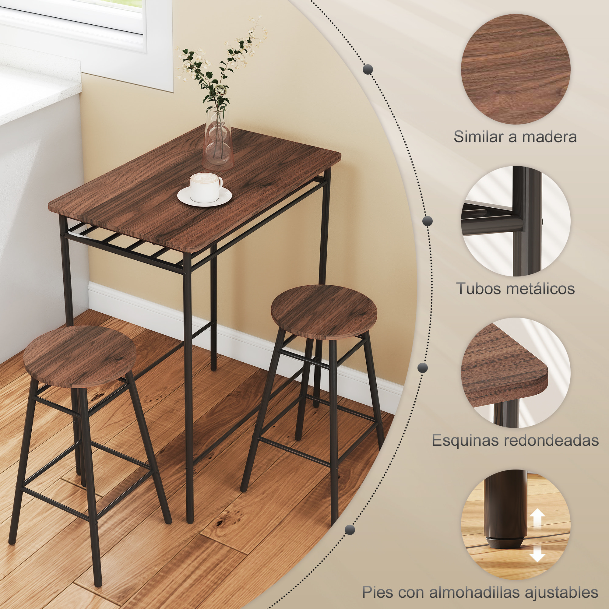 Juego de Mesa y Taburetes de Bar, Mesa Alta de Cocina con 2 Taburetes Industrial, Estante Abierto, Reposapiés, Ahorro de Espacio, para Espacios Reducidos, Comedor, Salón, Marrón