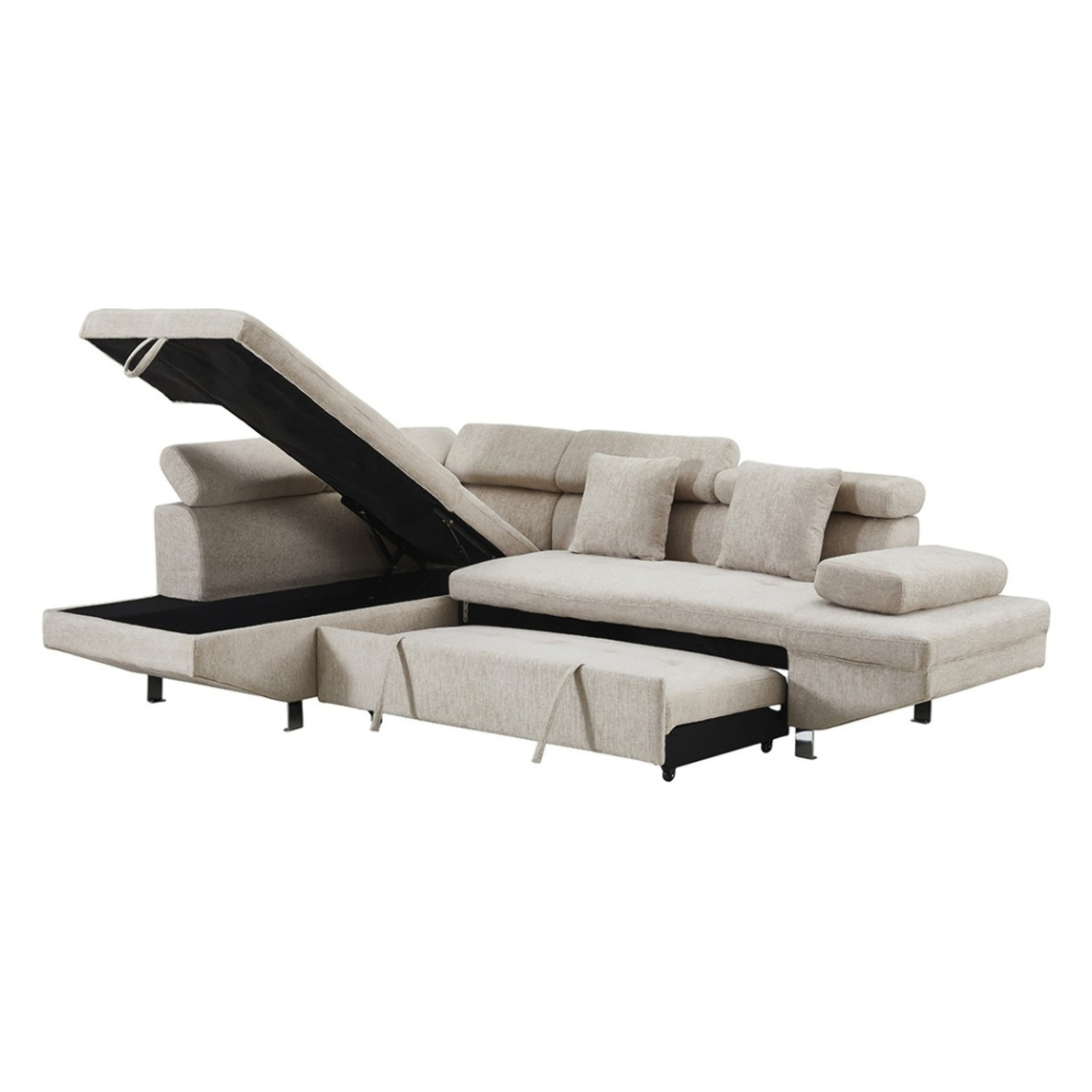 Margaux - Canapé d'angle gauche 5 places convertible avec coffre et têtières réglables en velours texturé - Beige