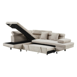 Margaux - Canapé d'angle gauche 5 places convertible avec coffre et têtières réglables en velours texturé - Beige