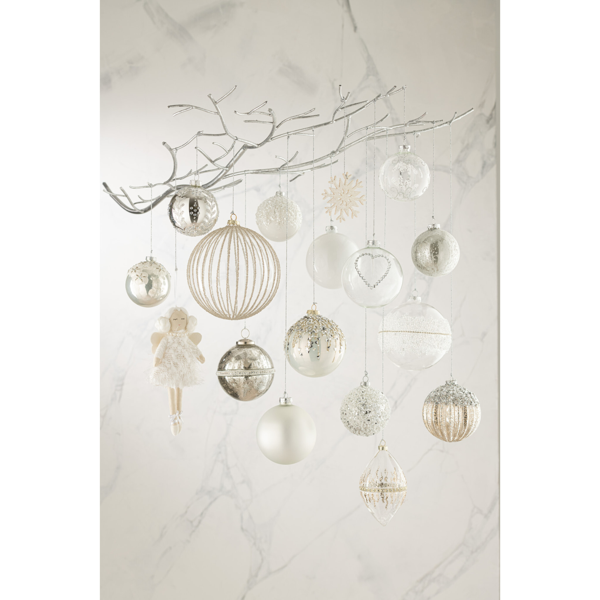 J-Line boule De Noël Coeur Strass - verre/plumes - argent/blanc/transparent - medium - boîte de 4