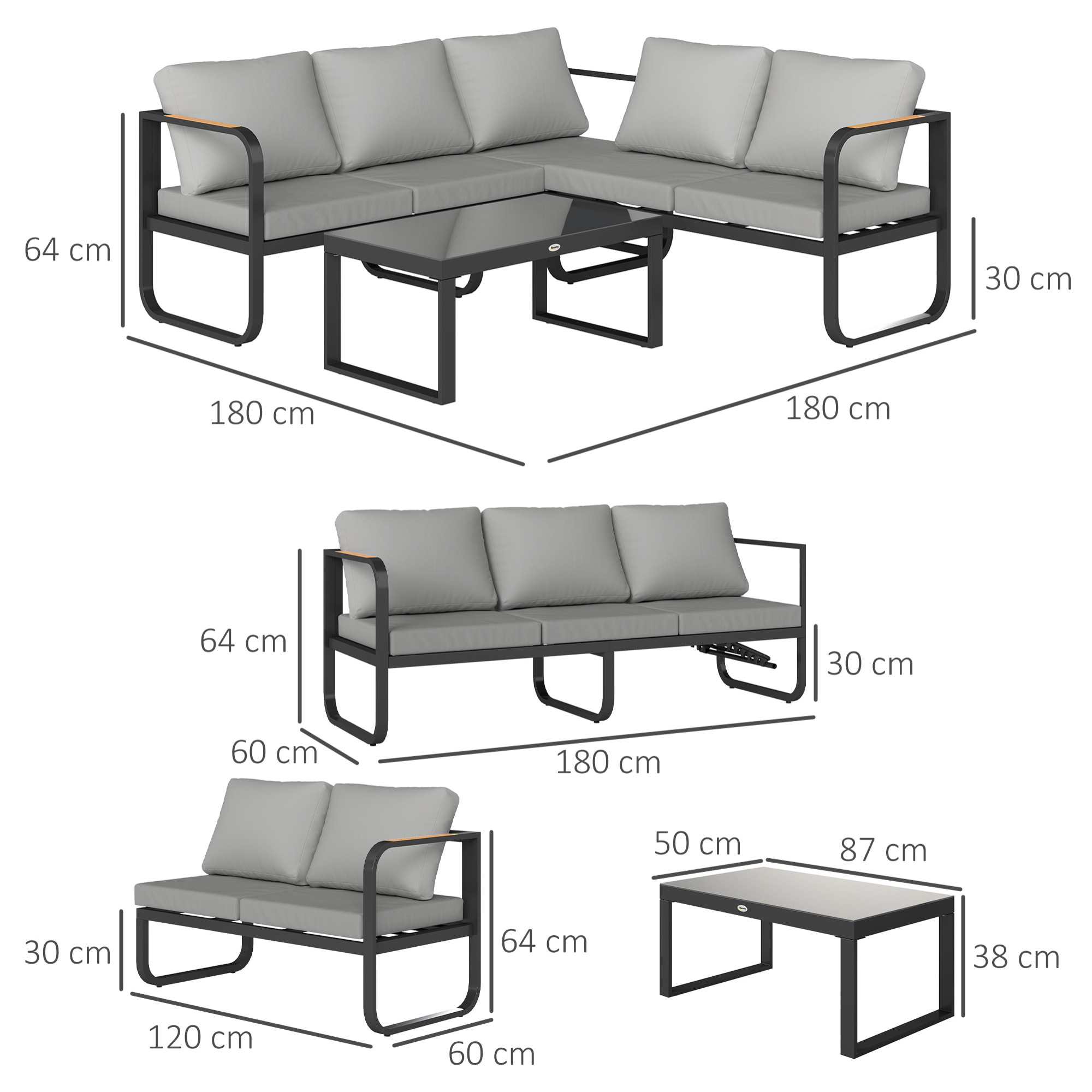Ensemble salon de jardin 5 places 3 pièces réglable avec coussins assise dossier gris noir