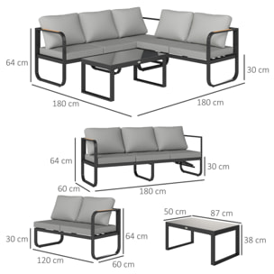 Ensemble salon de jardin 5 places 3 pièces réglable avec coussins assise dossier gris noir
