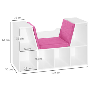 Librería con Asiento, Estantería de Libros con 6 Cubos, Estantería Almacenamiento con Banco con Cojín, Multiusos para Sala de Estar, Oficina, Dormitorio, 102x30x61cm, Blanco y Rosa