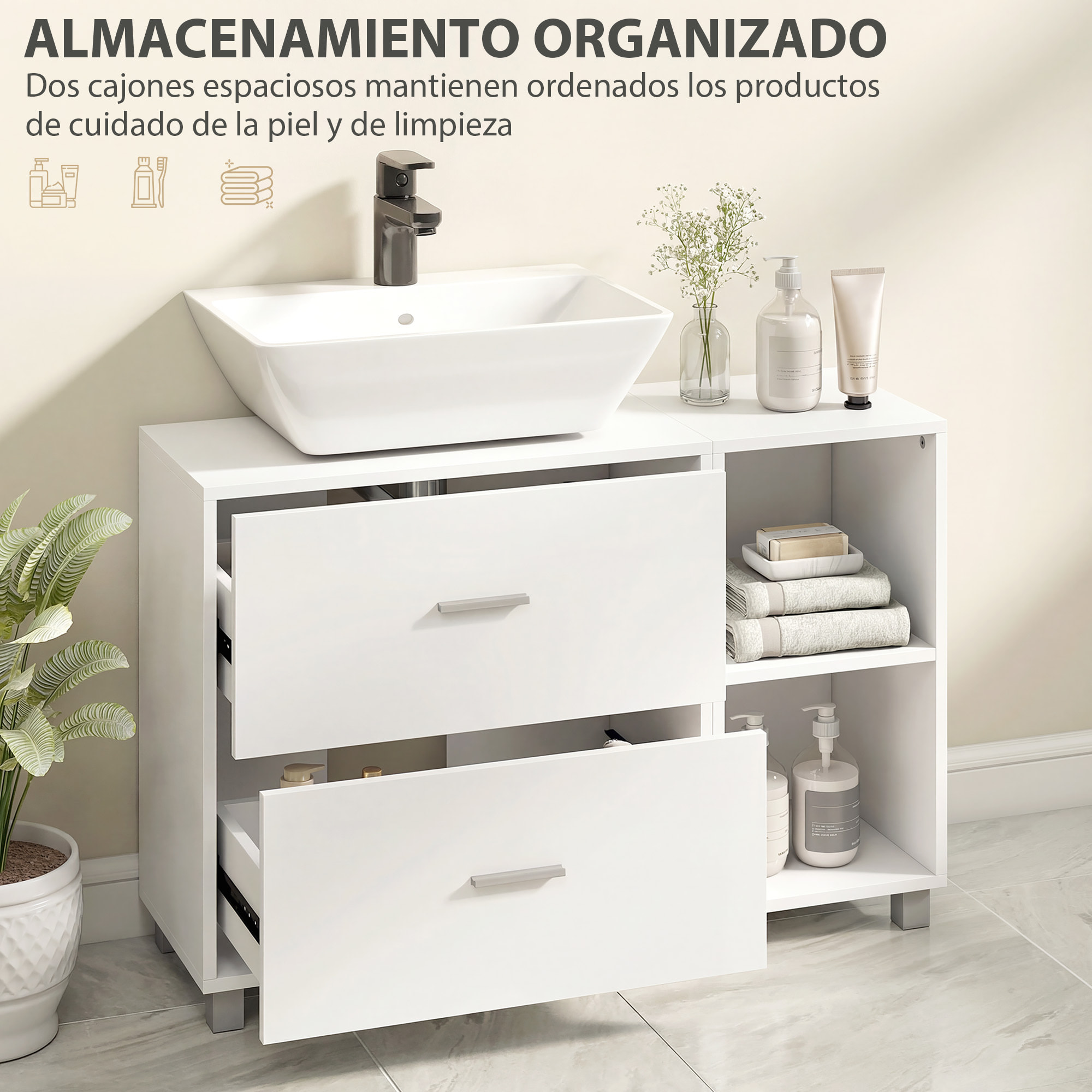 Mueble Bajo Lavabo, Mueble de Baño con 2 Cajones y 2 Estantes Abiertos, Estilo Moderno, para Lavabo con Pedestal, 90x30x60 cm, Blanco
