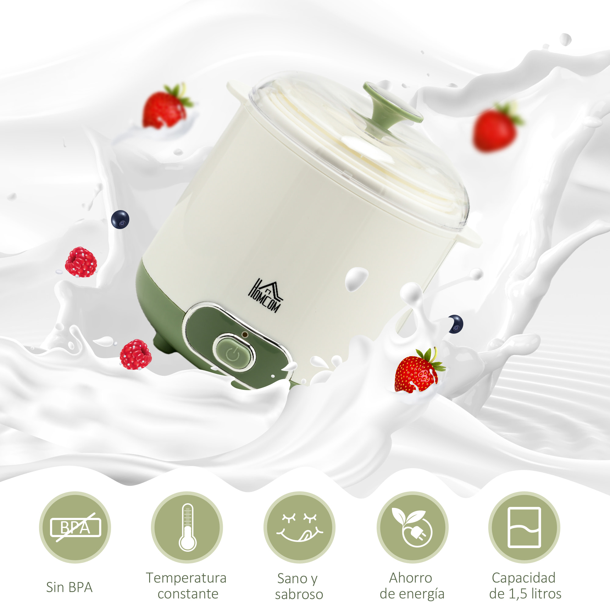 Yogurtera 20 W 1,5L Máquina de Yogur para Hacer Yogur Griego con Filtro Indicador de Encendido y Calentamiento a Temperatura Constante PTC 19,5x17,5x21,4 cm Blanco