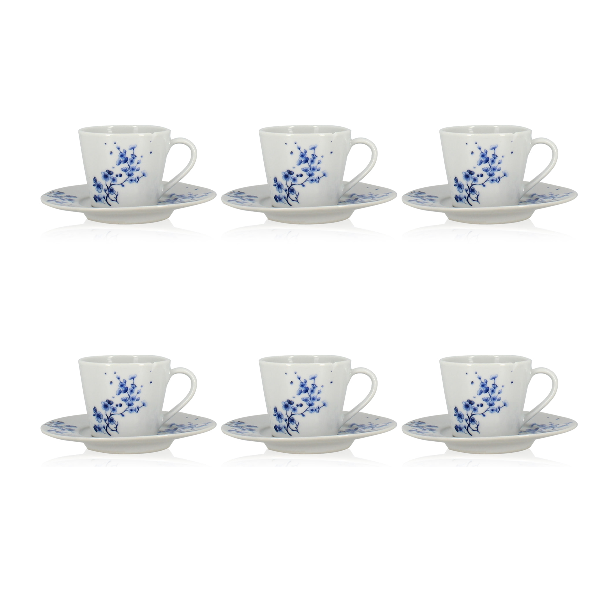 Lot de 6 tasses et soucoupes 22cl en porcelaine blanc - bleu CENTAUREE