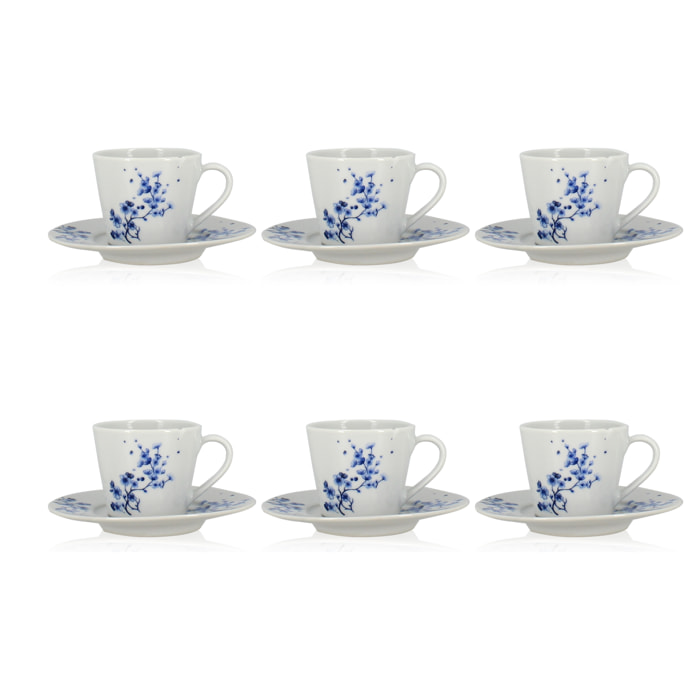 Lot de 6 tasses et soucoupes 22cl en porcelaine blanc - bleu CENTAUREE