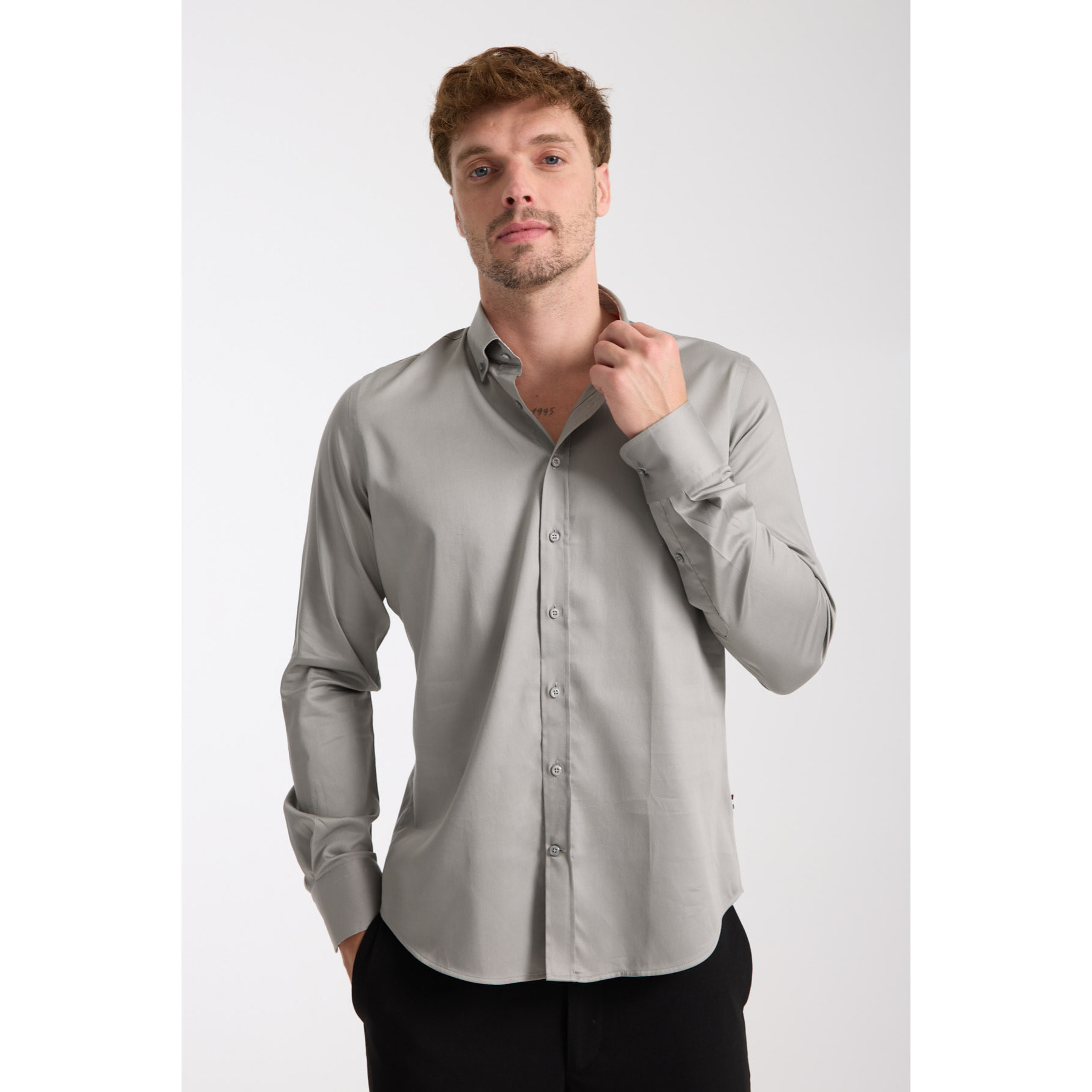 camicia uomo 1 bottone button down slim Satin Unito Grigio Medio