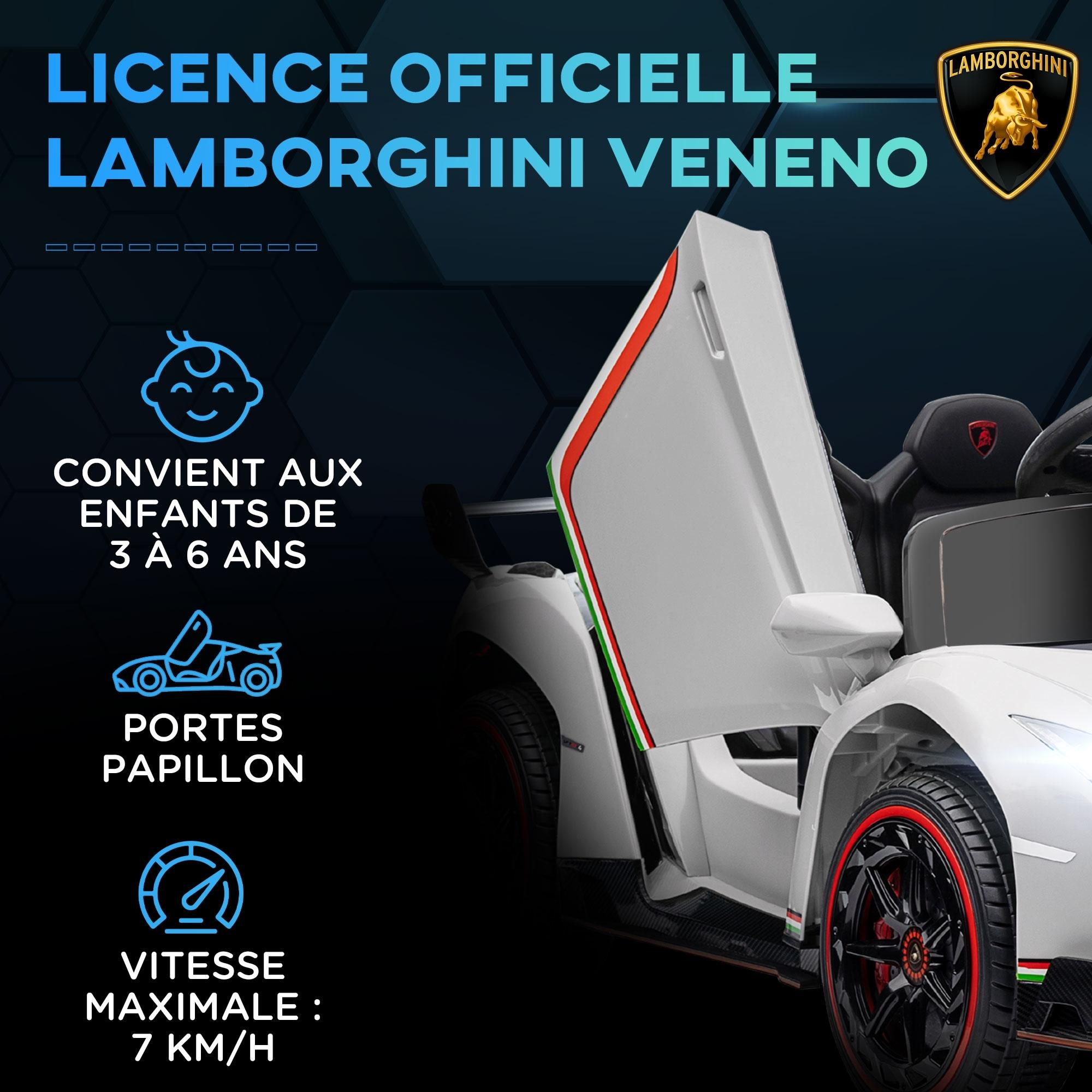 Voiture électrique enfant licence Lamborghini Veneno V. max. 7 Km/h télécommande ouverture portes MP3 USB effets sonores lumineux blanc