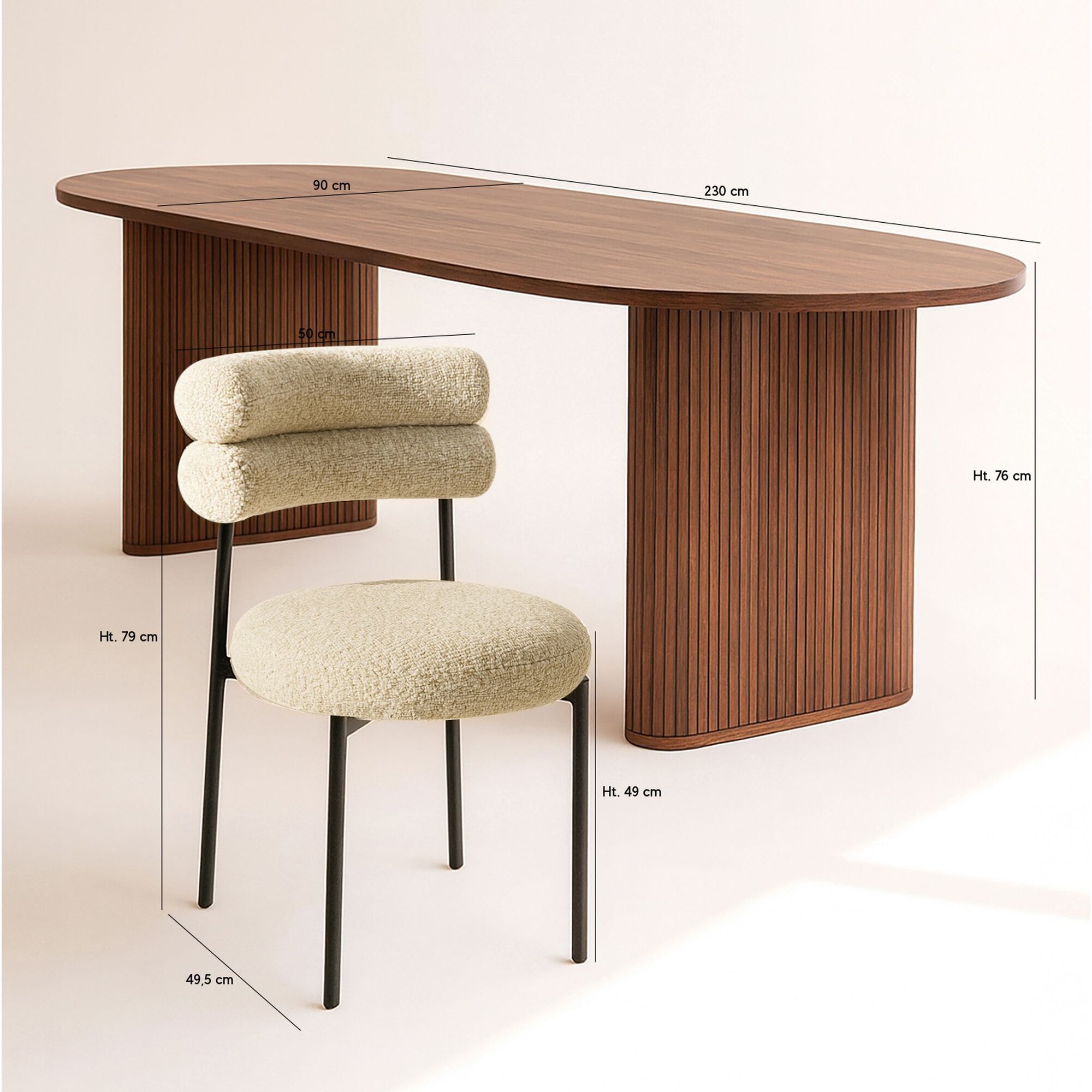 Ensemble table ovale effet noyer et 6 chaises en tweed beige GINA