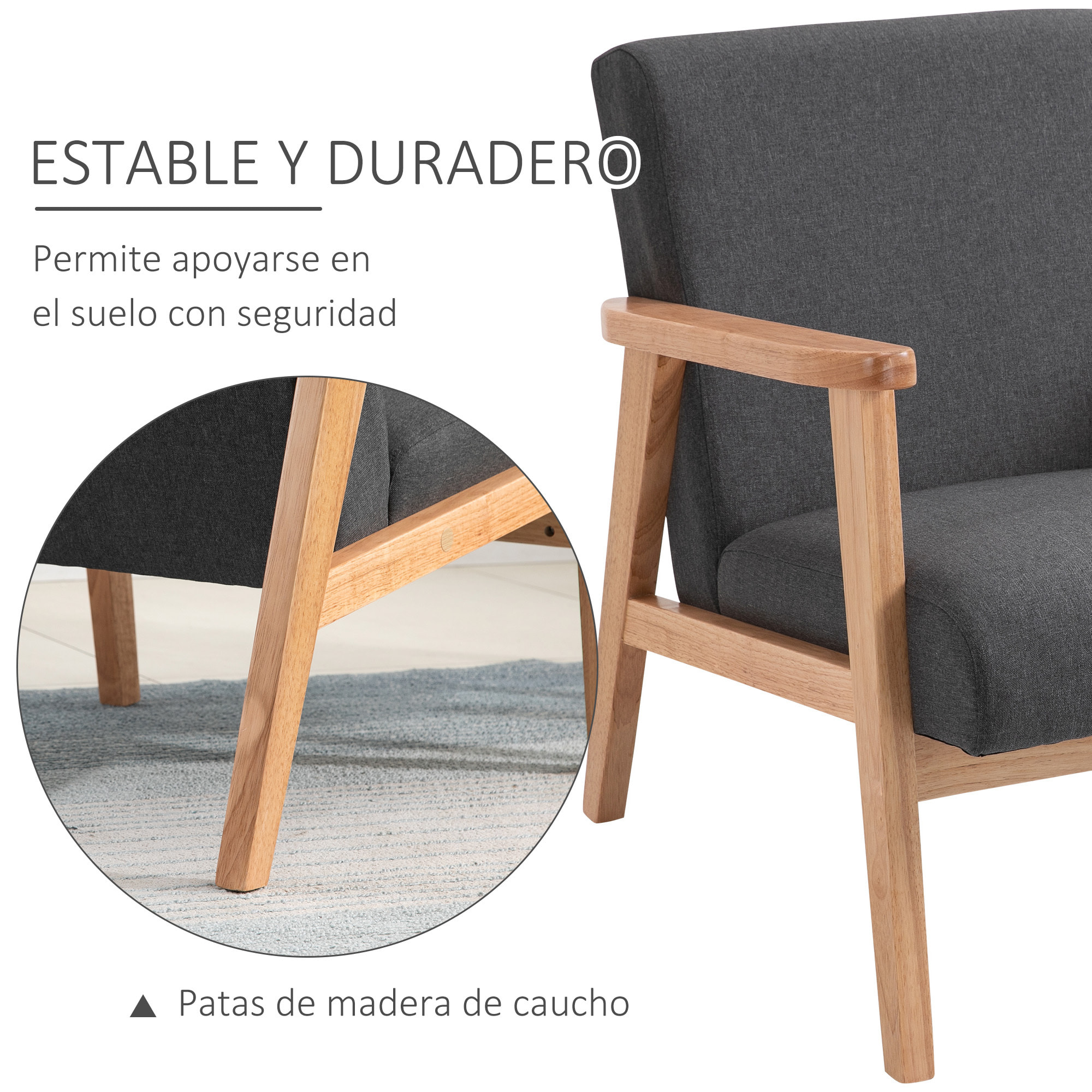 HOMCOM Butaca de Dormitorio Moderna Butaca de Salón Tapizado en Lino con Reposabrazos y Marco de Madera para Sala de Estar Gris Oscuro y Natural