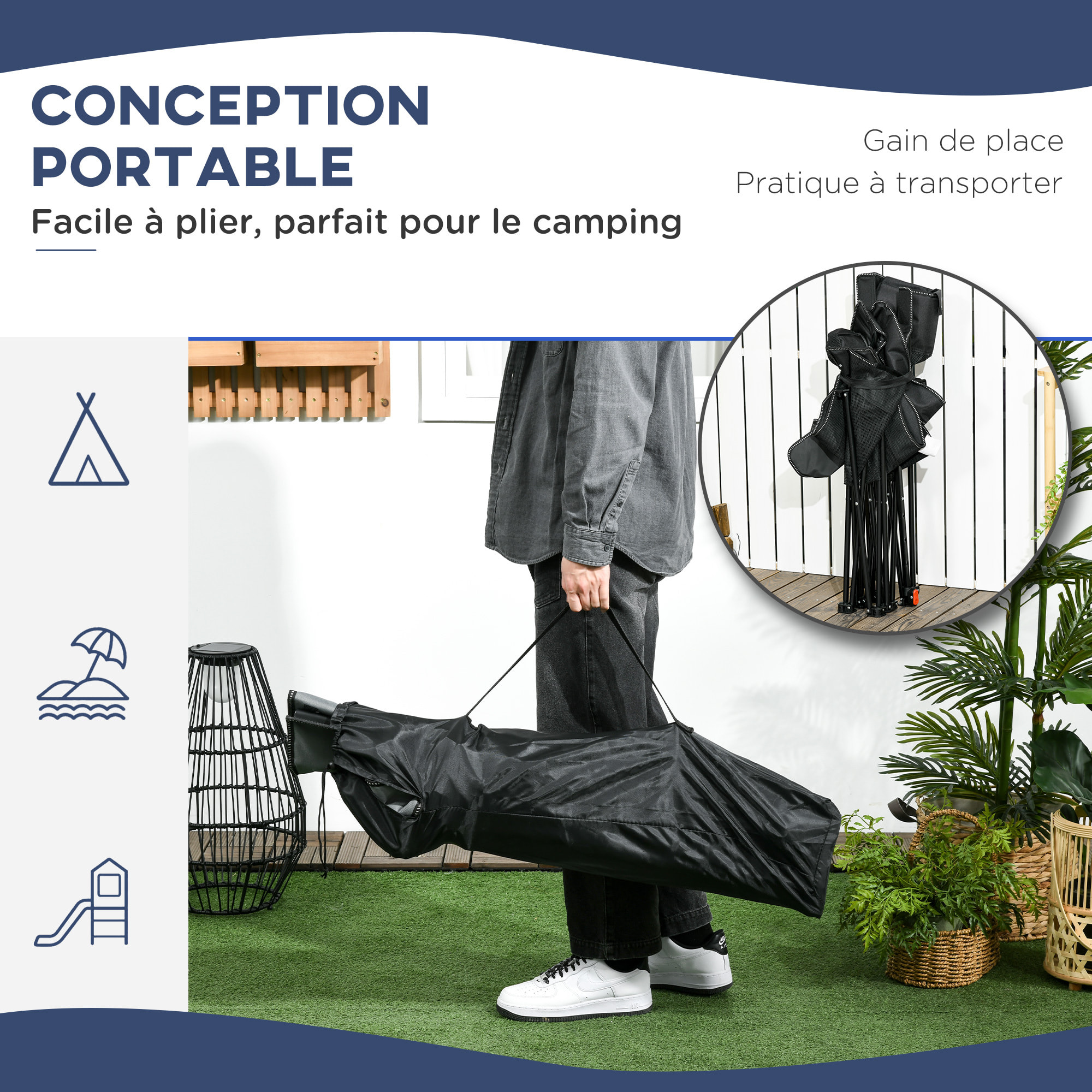 Chaise de camping pliable réglable - repose-pied, porte-gobelets, tétière, pochette, sac transport - noir