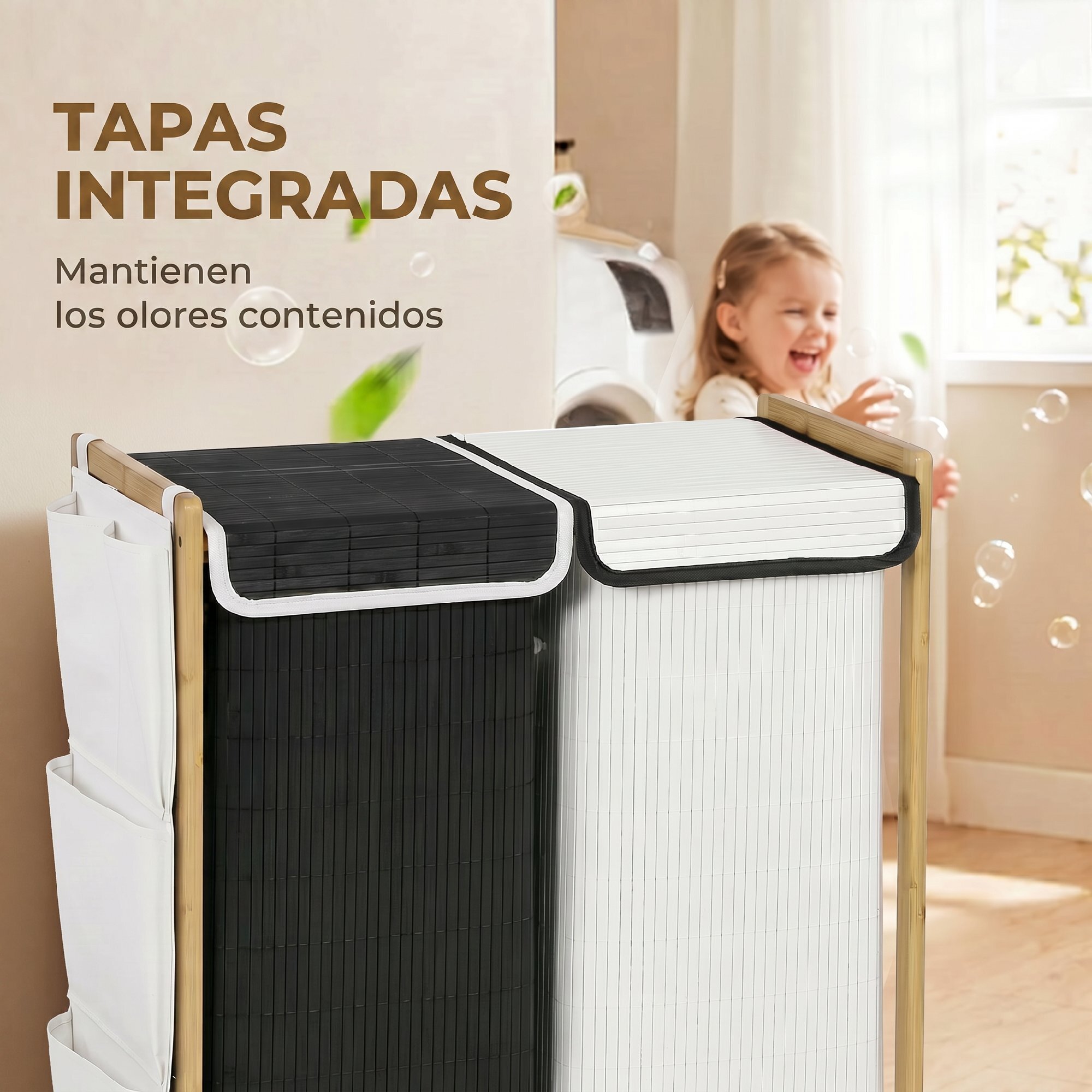 Cesto de Ropa Sucia con Tapa, 120L, Cesta de Ropa Sucia de Bambú con 2 Compartimentos, Bolsas Extraíbles y Lavables con Cordón, Bolsillos Laterales, para Lavandería, 63x33x78 cm, Blanco y Negro