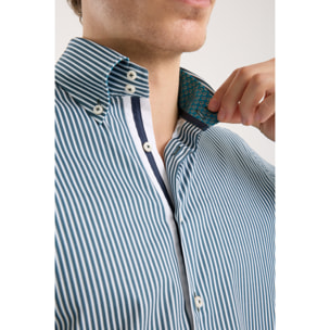 Camicia Uomo 2 Bottoni Button Down Slim Popeline Stretch Riga Media Bianco Verde Ottanio