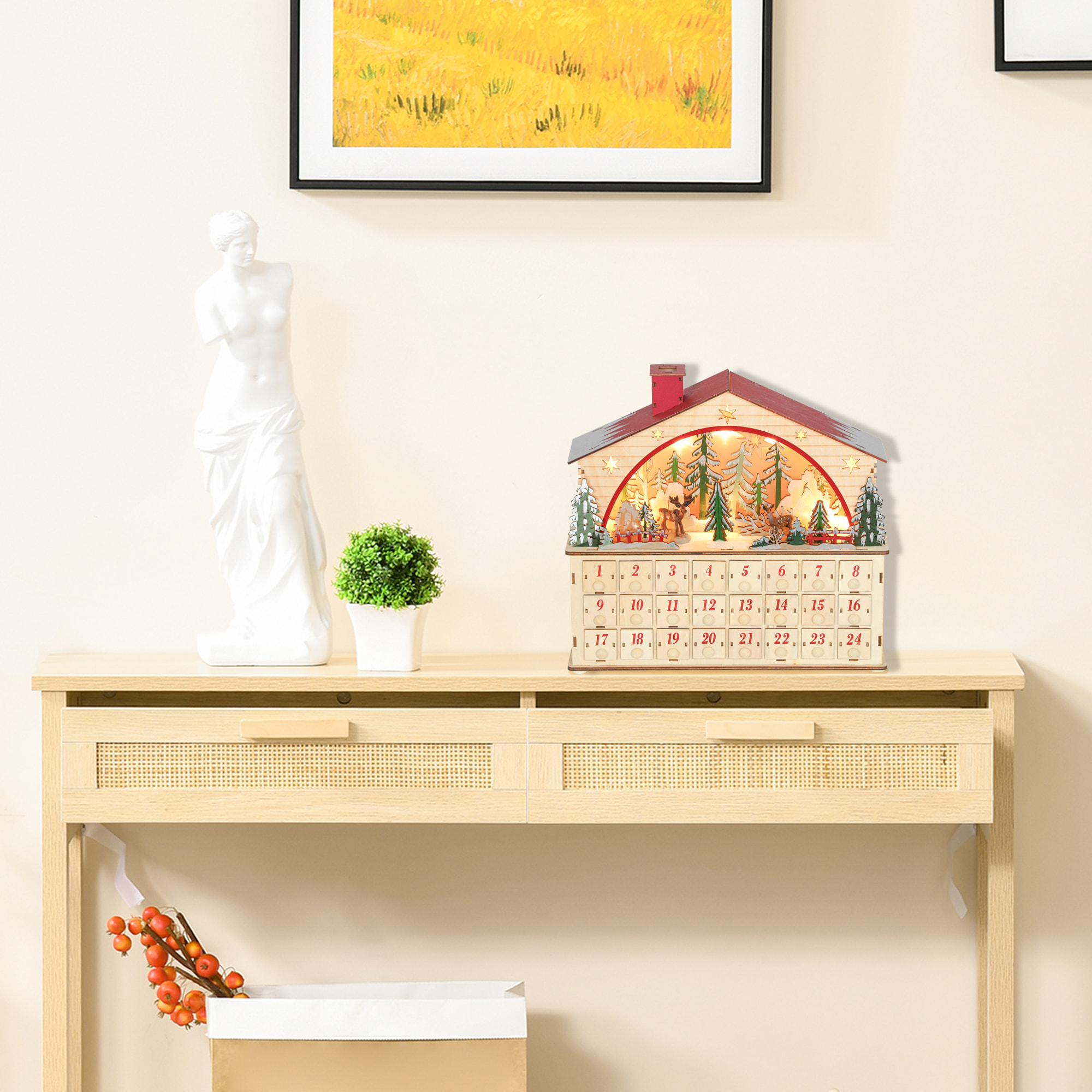 Calendario de Adviento para Rellenar de Madera, con Luces LED y 24 Cajones, Calendario de Adviento de Navidad Reutilizable con Escena de Pueblo, Decoración Navideña, 36x10x34 cm, Natural