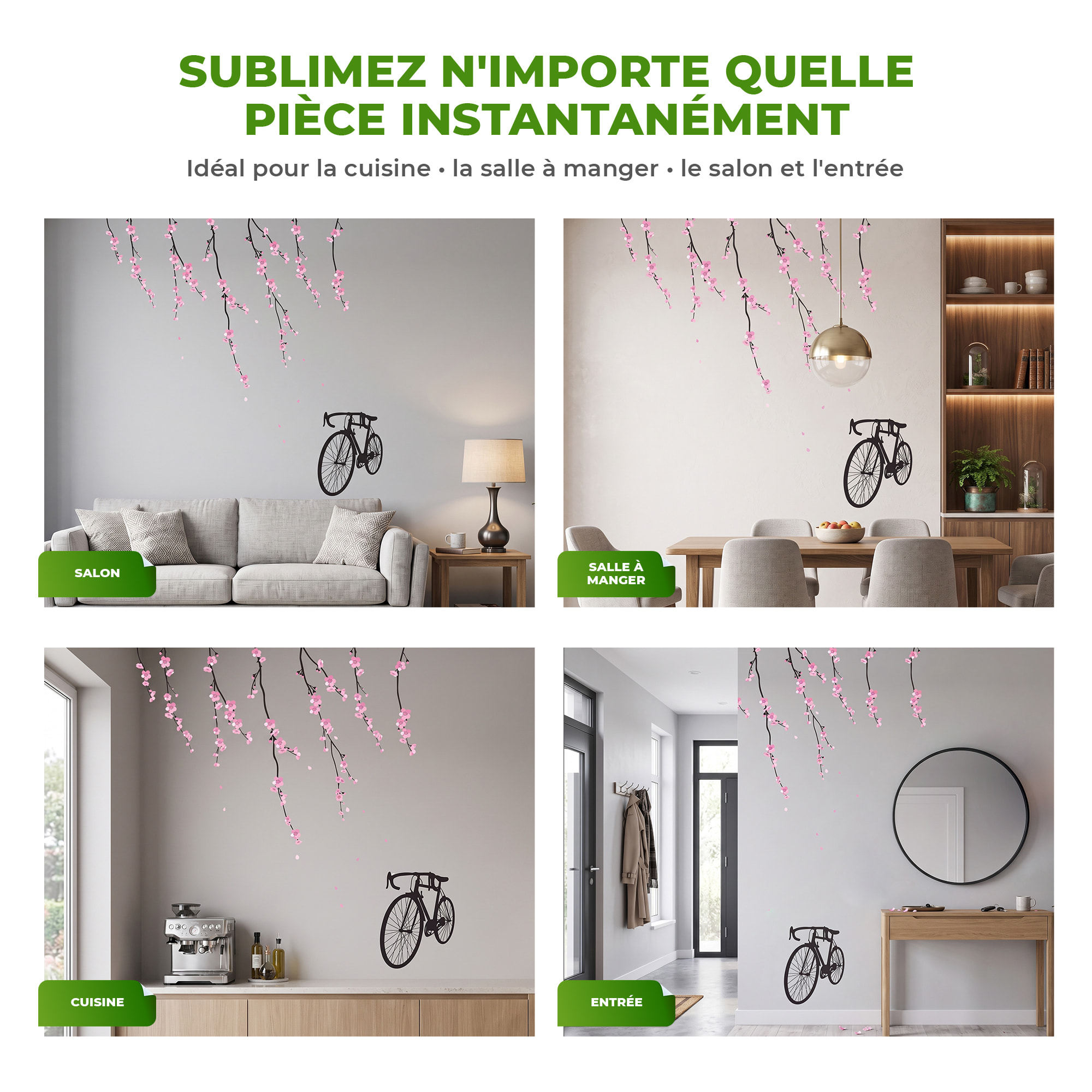 Stickers Muraux décoration adhésifs fleurs tulipes roses et oiseaux
