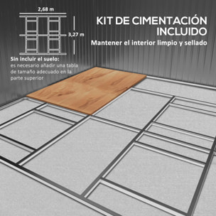 Caseta de Jardín Exterior 12,4 m² 340x386x200 cm Cobertizo de Jardín Exterior con Puerta Corredera Techo Inclinado Base Refuerzo (Suelo NO Incluido) y 4 Ventanas Marrón