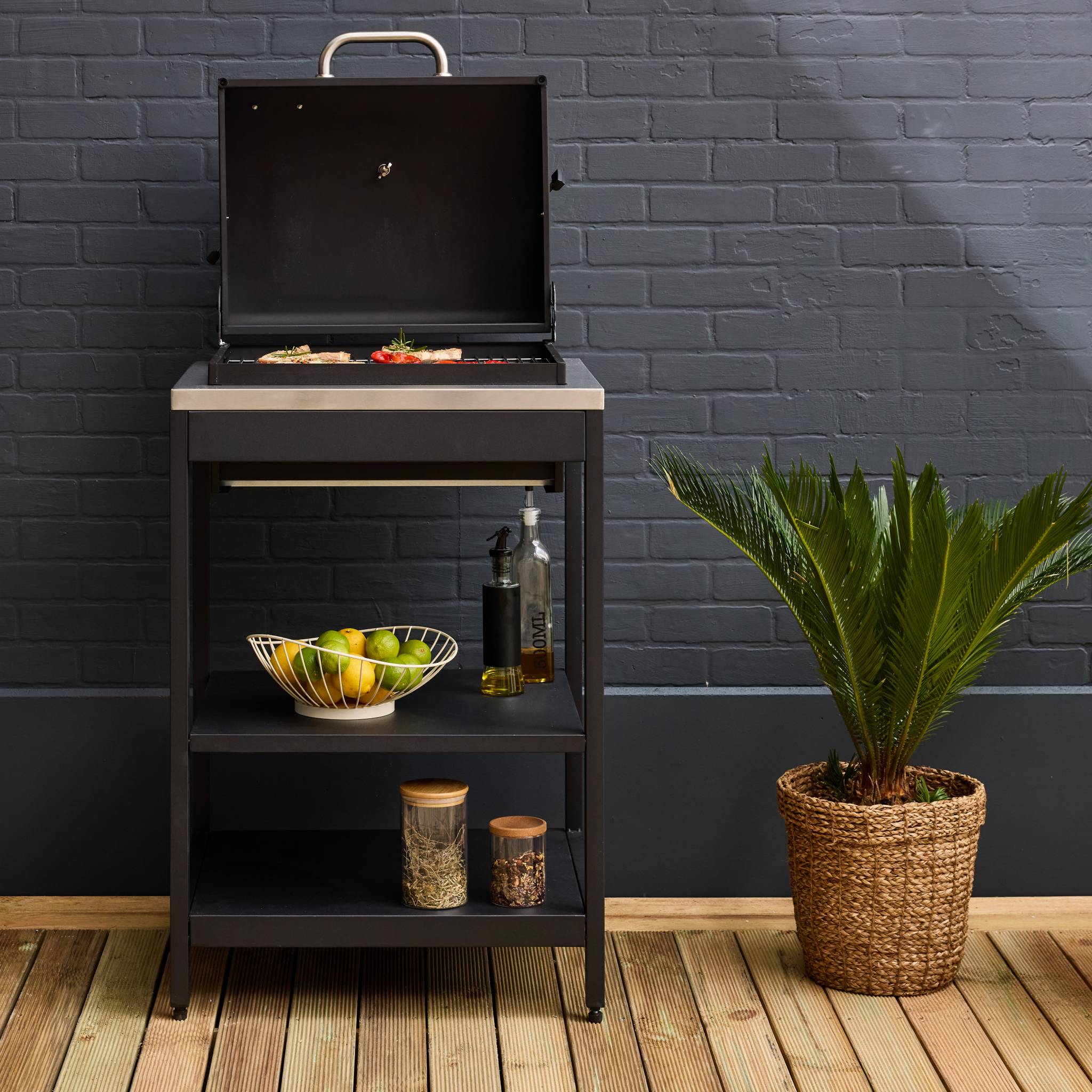 Barbecue grill charbon de bois noir Naxos grille chromée 2 étagères