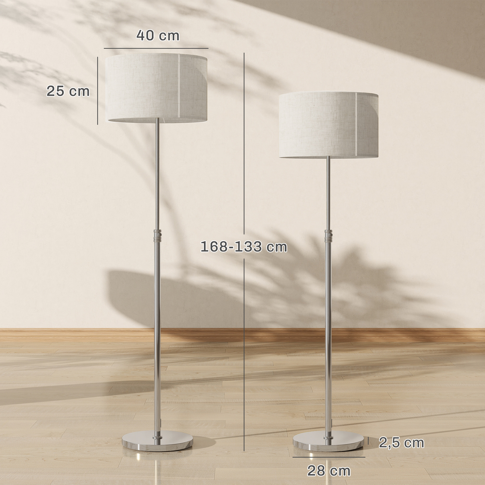 Lampadaire style néo-rétro abat jour lin beige H.133-168 cm réglable avec télécommande métal argenté