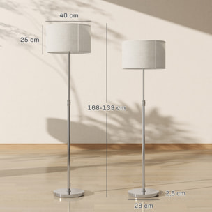 Lampadaire style néo-rétro abat jour lin beige H.133-168 cm réglable avec télécommande métal argenté
