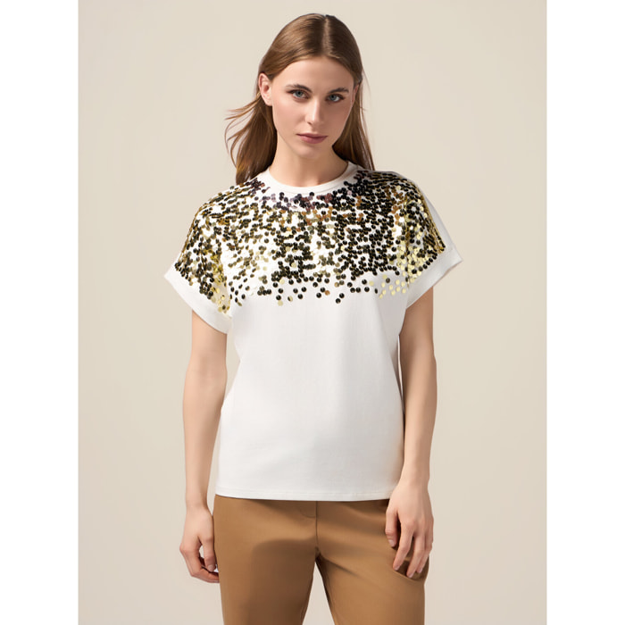 Oltre - T-shirt in jersey con paillettes - Bianco