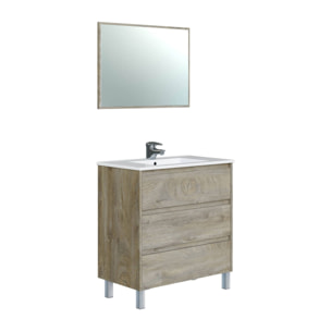 Mobile sottolavabo Lancaster, Mobiletto per bagno, Armadio a 3 cassetti e specchio, lavabo non incluso, cm 80x45h86, Rovere