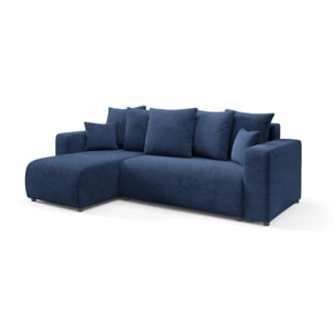 GLORIA - Canapé d'angle gauche convertible 4 places en tissu bleu