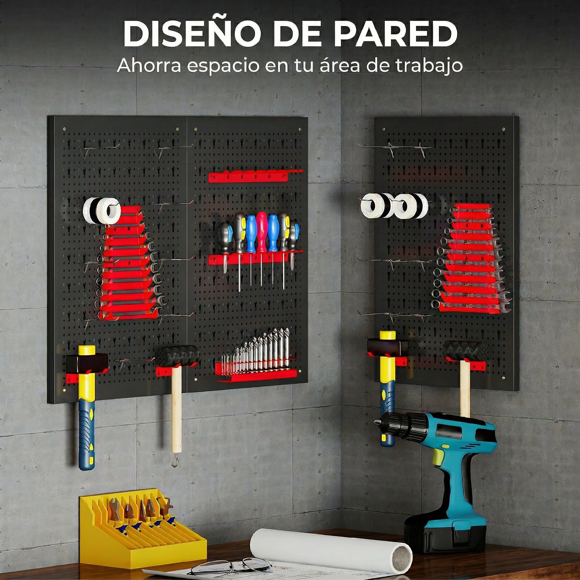 3 Paneles de Herramientas de Pared, 28 Piezas, cada panel 60x40 cm, Organizador de Herramientas de Pared con Ganchos y Estantes, para Garajes y Bricolaje, Negro y Rojo