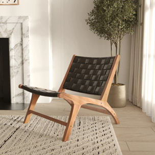 Fauteuil en teck et cuir tréssé noir - Kuna
