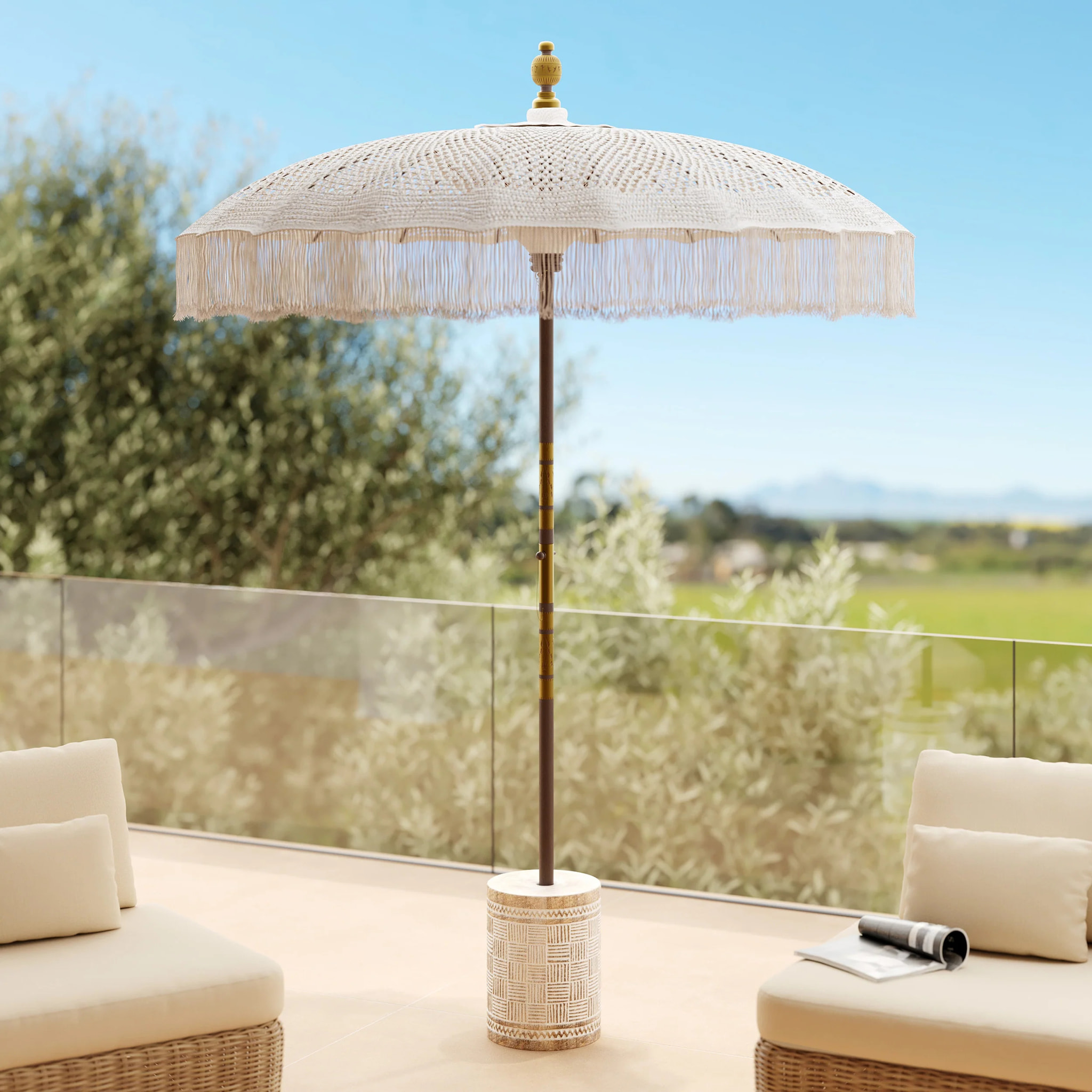 Ensemble parasol en macramé et pied de parasol en bois - Fakélé