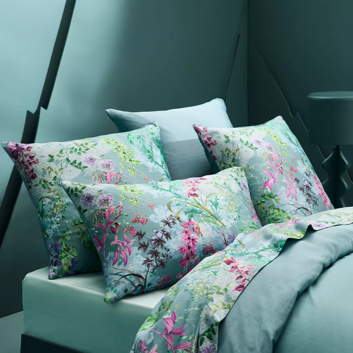 Drap plat satin de coton 90 fils/cm² 115 g/m² imprimé bleu violet Ombres boisees givre