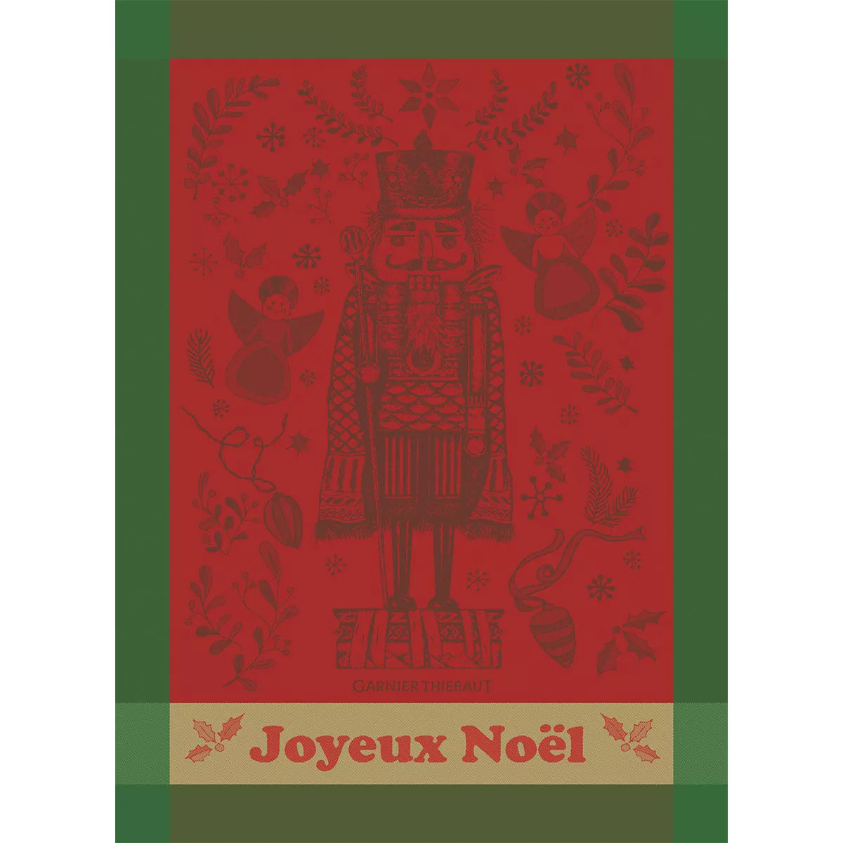 Torchon pur coton motif jacquard vert rouge Casse noisette noel rouge