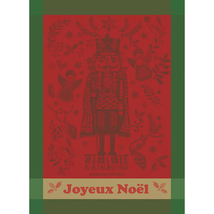 Torchon pur coton motif jacquard vert rouge Casse noisette noel rouge