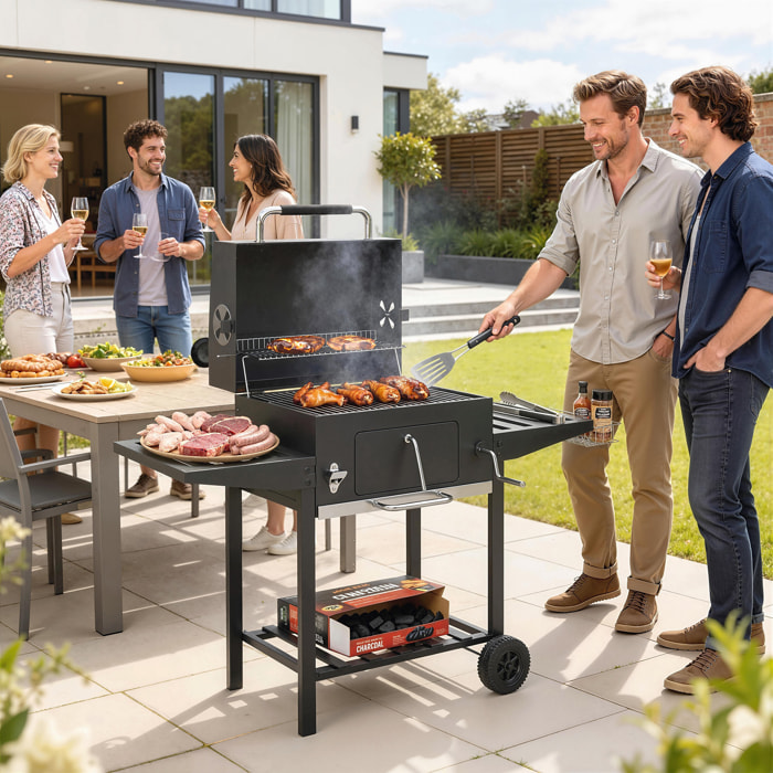 Barbacoa de Carbón Portátil, Barbacoa de Carbón Móvil con Bandeja Ajustable, Estantes Plegables, Termómetro, Tapa, Chimenea, Ventilaciones, Cajón de Cenizas, Ruedas, Cesta Lateral, Asa, Negro