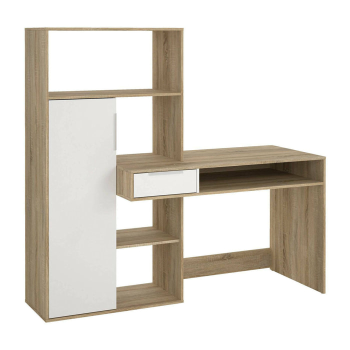 Scrivania Annalou, Scrittoio multiuso, Tavolo per ufficio porta PC, Piano di lavoro, 163x60 h155 cm, Quercia e Bianco