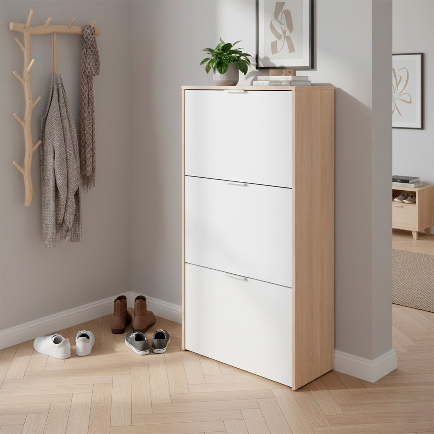Mobile Portascarpe Salvaspazio Con 3 Ante A Ribalta Capacità Fino A 18 Paia Scarpiera Design Moderno 113 x 60 x 22 Cm Rovere E Bianco Lucido