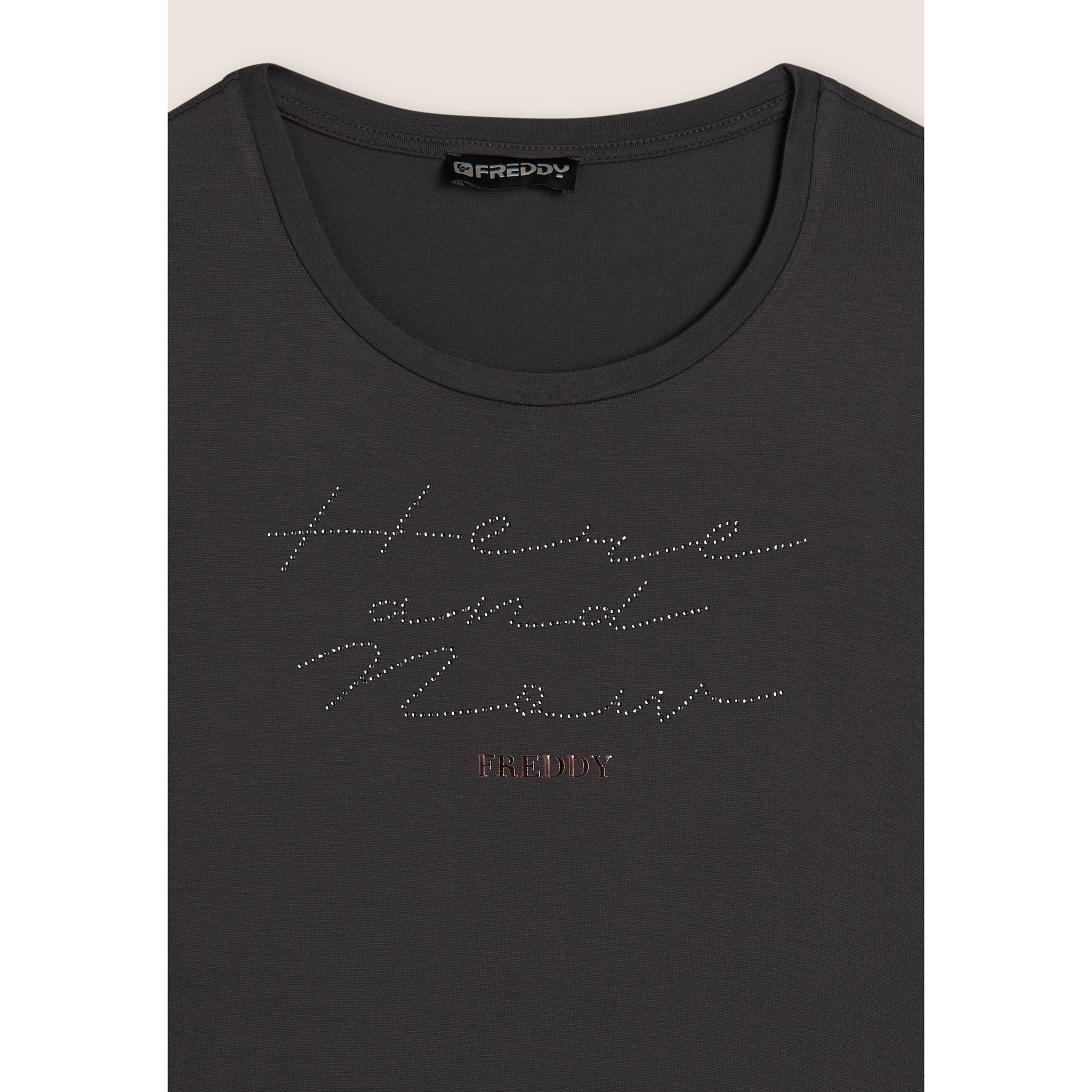 T-shirt donna manica lunga con scritta e strass