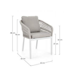 Set di 4 poltroncine GALDANA in alluminio bianco con intreccio in corda grigio, con braccioli
