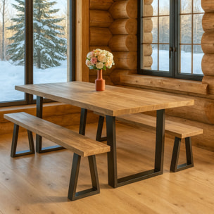 Ensemble table et banc en bois d'acacia et pieds métal noir HERA
