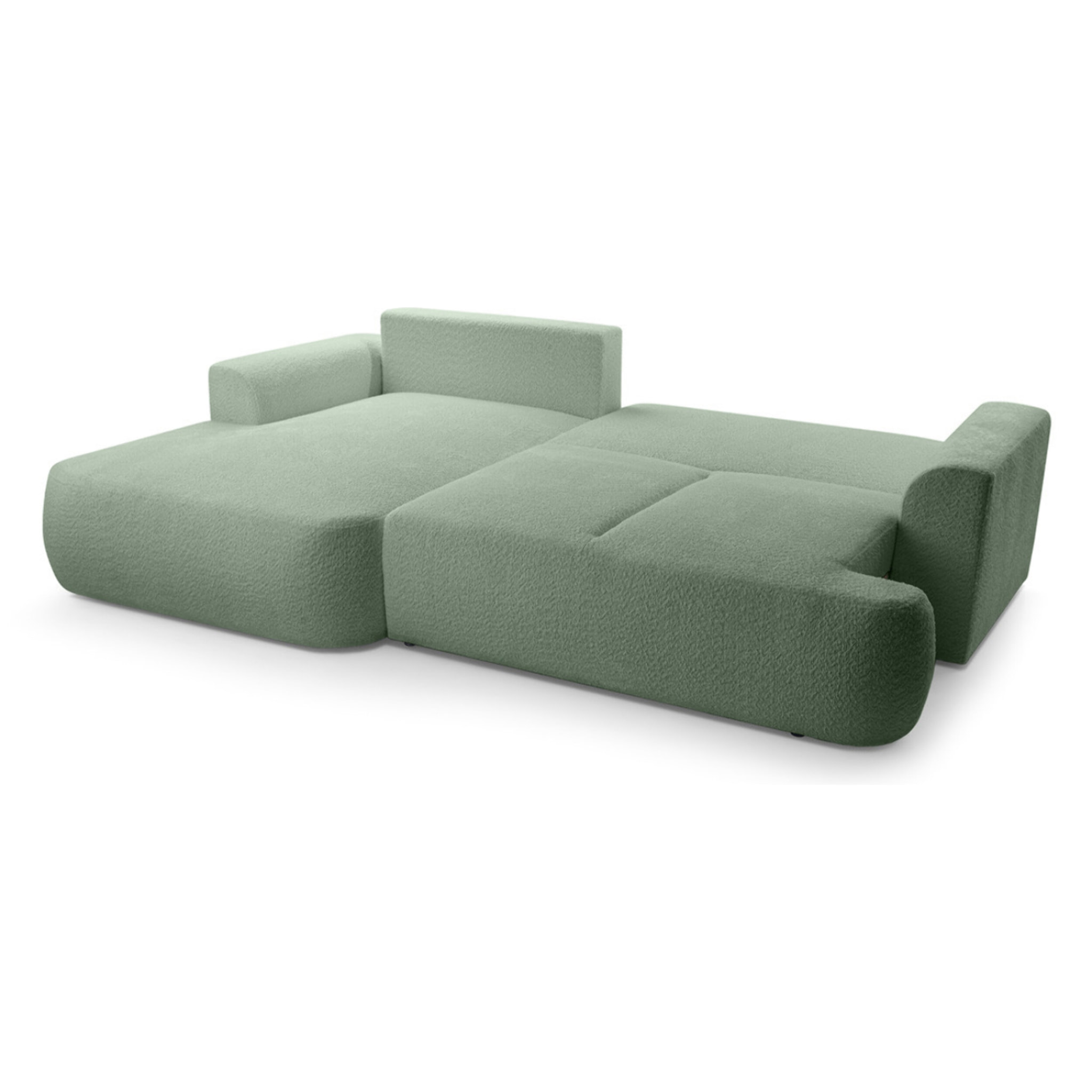 Candela - canapé d'angle gauche 4 places - convertible avec coffre - en tissu bouclette - Vert sauge