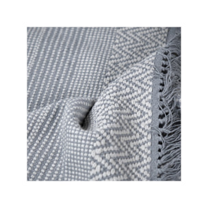 Tapis en coton brodé lignes et chevrons gris clair avec franges - MINA
